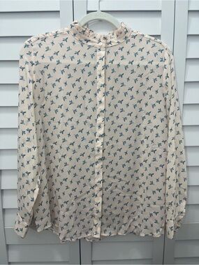 Loft Women’s Cream Ruffle Collar Blouse with Blue Bird Print Size PL